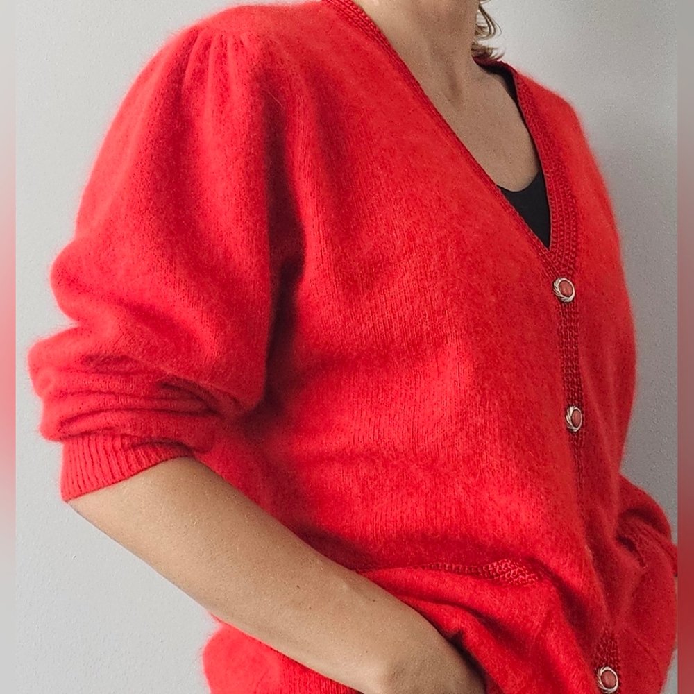 Vintage Belldini 50% Lambswool 40% Angora Cardigan Sweater Red Sz M Soft Cozy